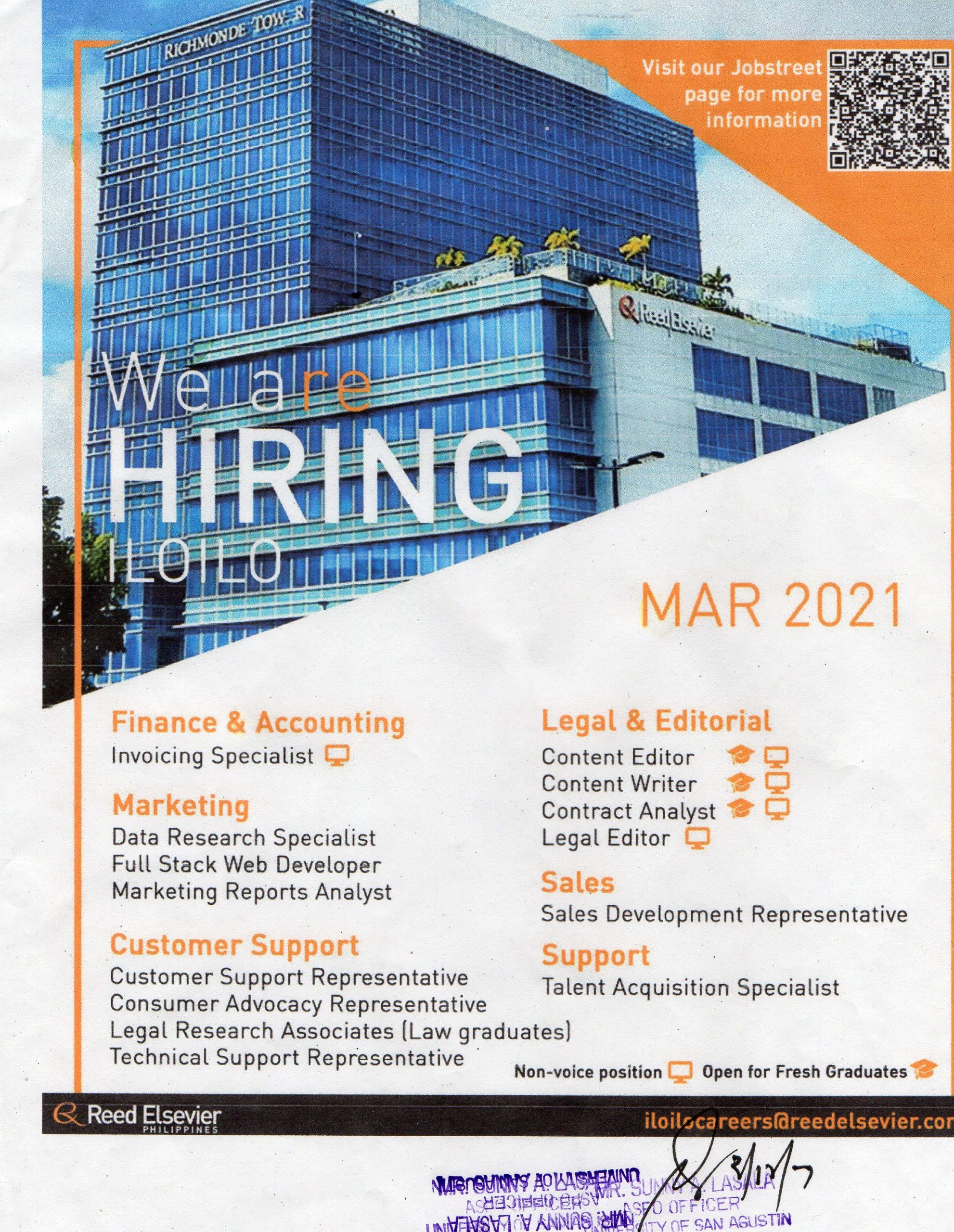 Reed Elsevier Hiring March 2021 UNIVERSITY OF SAN AGUSTIN