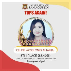 AUGUSTINIAN RANKS 8TH IN THE PHARMACIST LICENSURE EXAM 2021 Celine Arbolonio Altamia e1622091779990