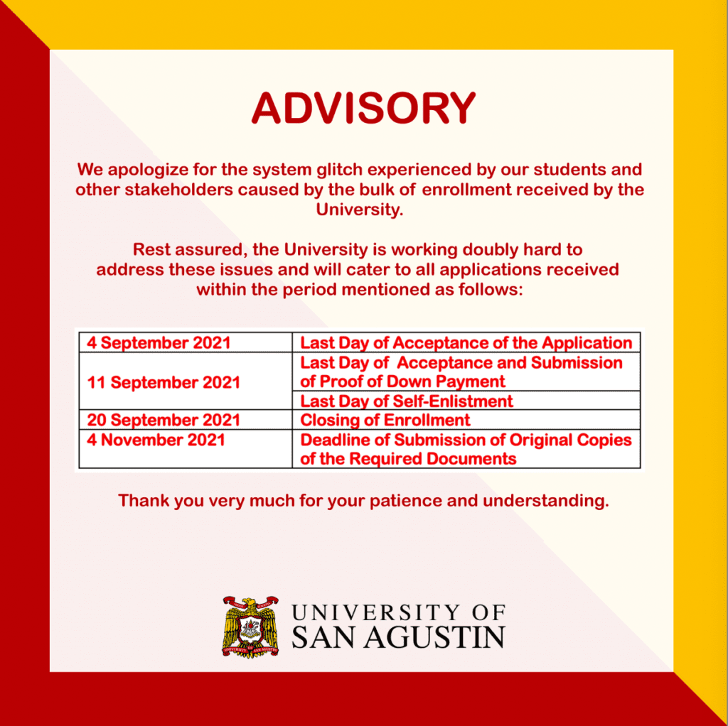 ADVISORY - We apologize for the system glitch experienced by our students and other stakeholders caused by the bulk of enrollment received by the University