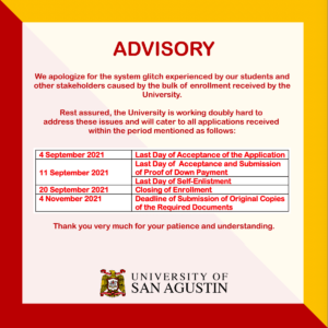 ADVISORY We apologize for the system glitch experienced by our students and other stakeholders caused by the bulk of enrollment received by the University