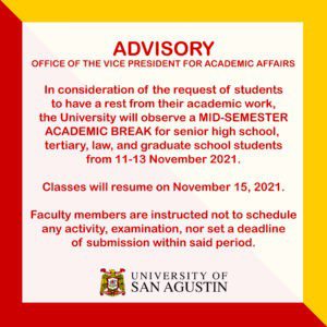 University of San Agustin Academic Break for AY 2021 2022 First Semester