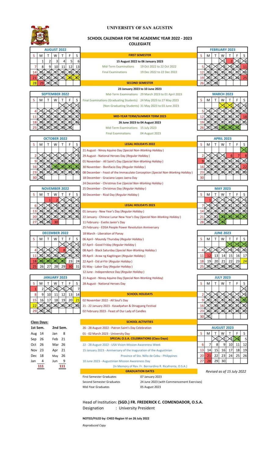 Collegiate School Calendar AY 20222023 UNIVERSITY OF SAN AGUSTIN