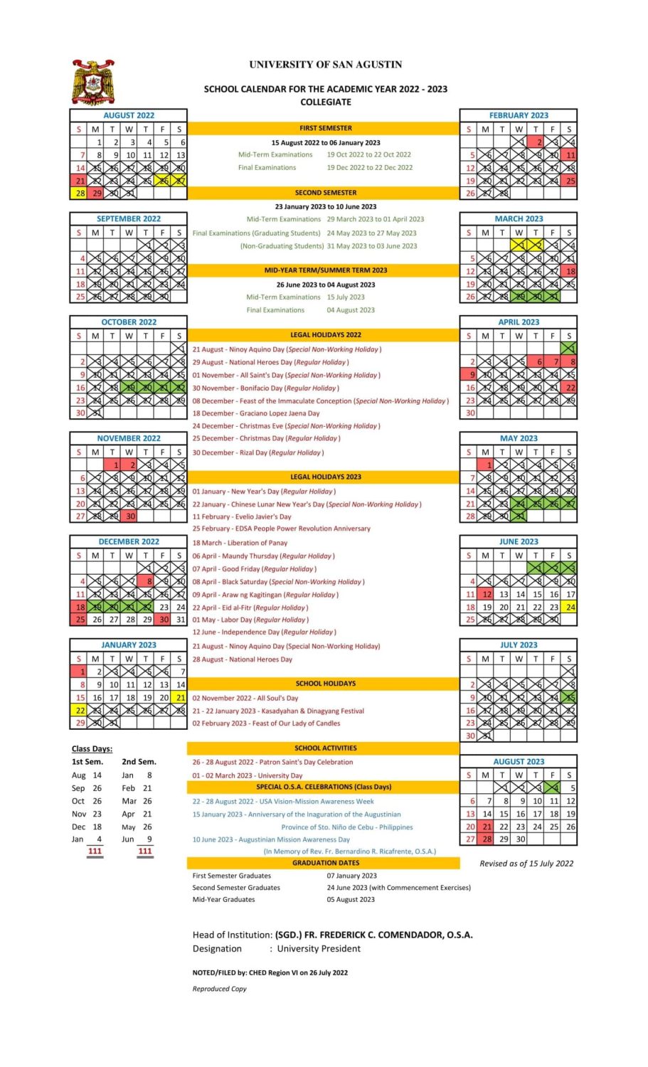 Collegiate School Calendar AY 2022 2023 UNIVERSITY OF SAN AGUSTIN