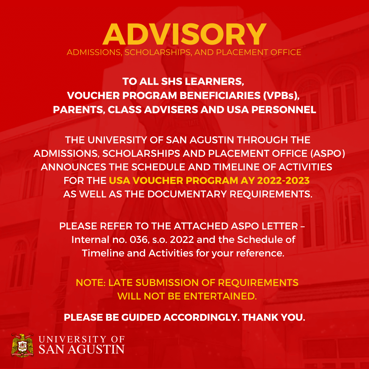 ADVISORY FROM ASPO: USA VOUCHER PROGRAM AY 2022-2023 - UNIVERSITY OF