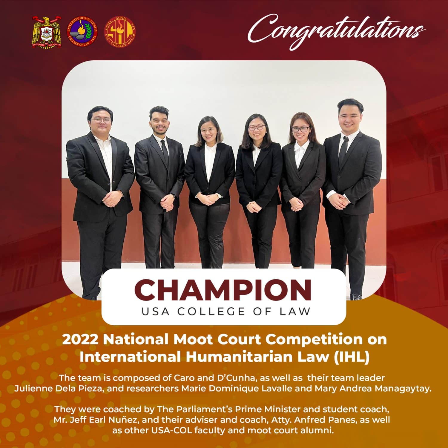 USA College of Law Moot Court Team wins back-to-back Championship - Champion
