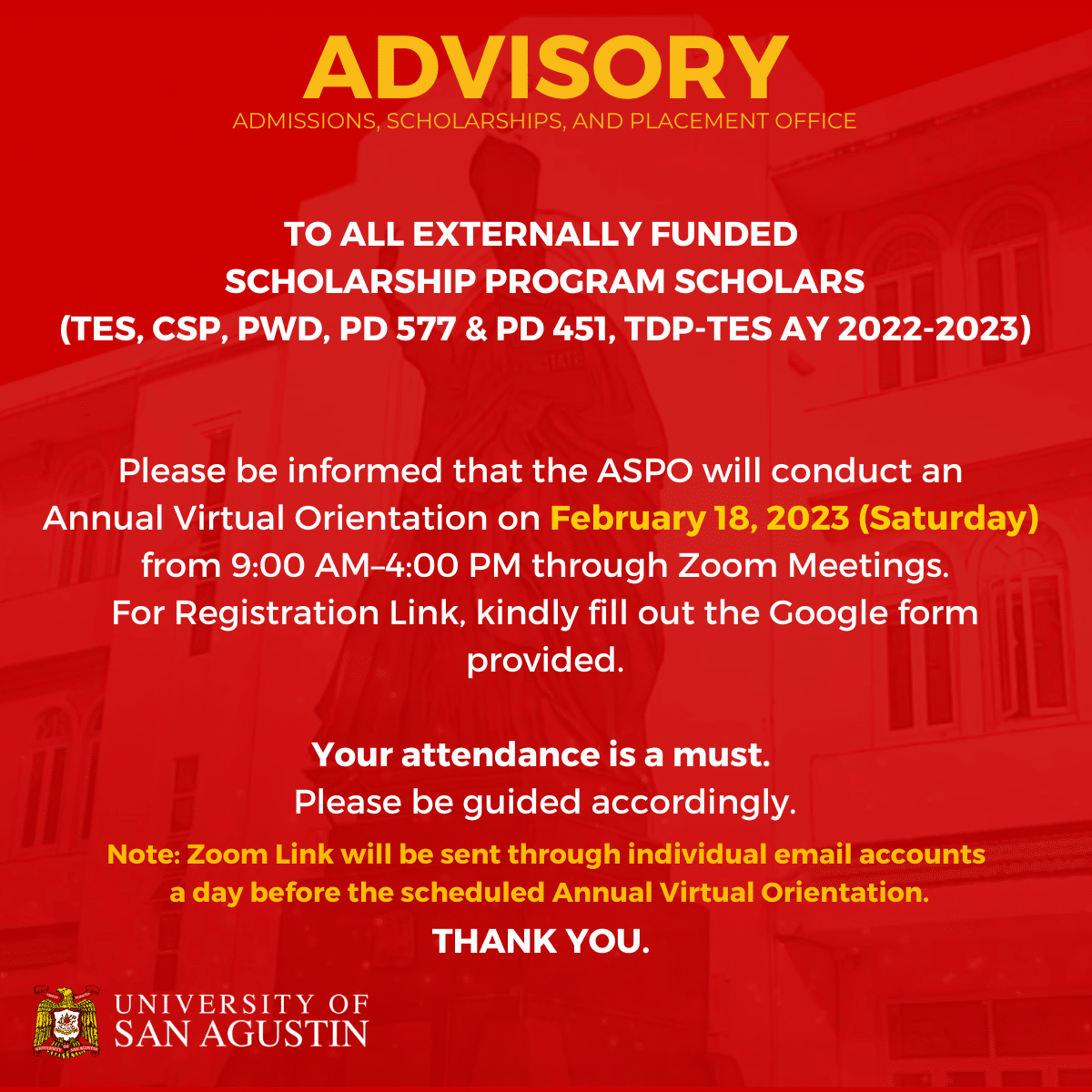 ADVISORY from ASPO Annual Virtual Orientation for Externally Funded