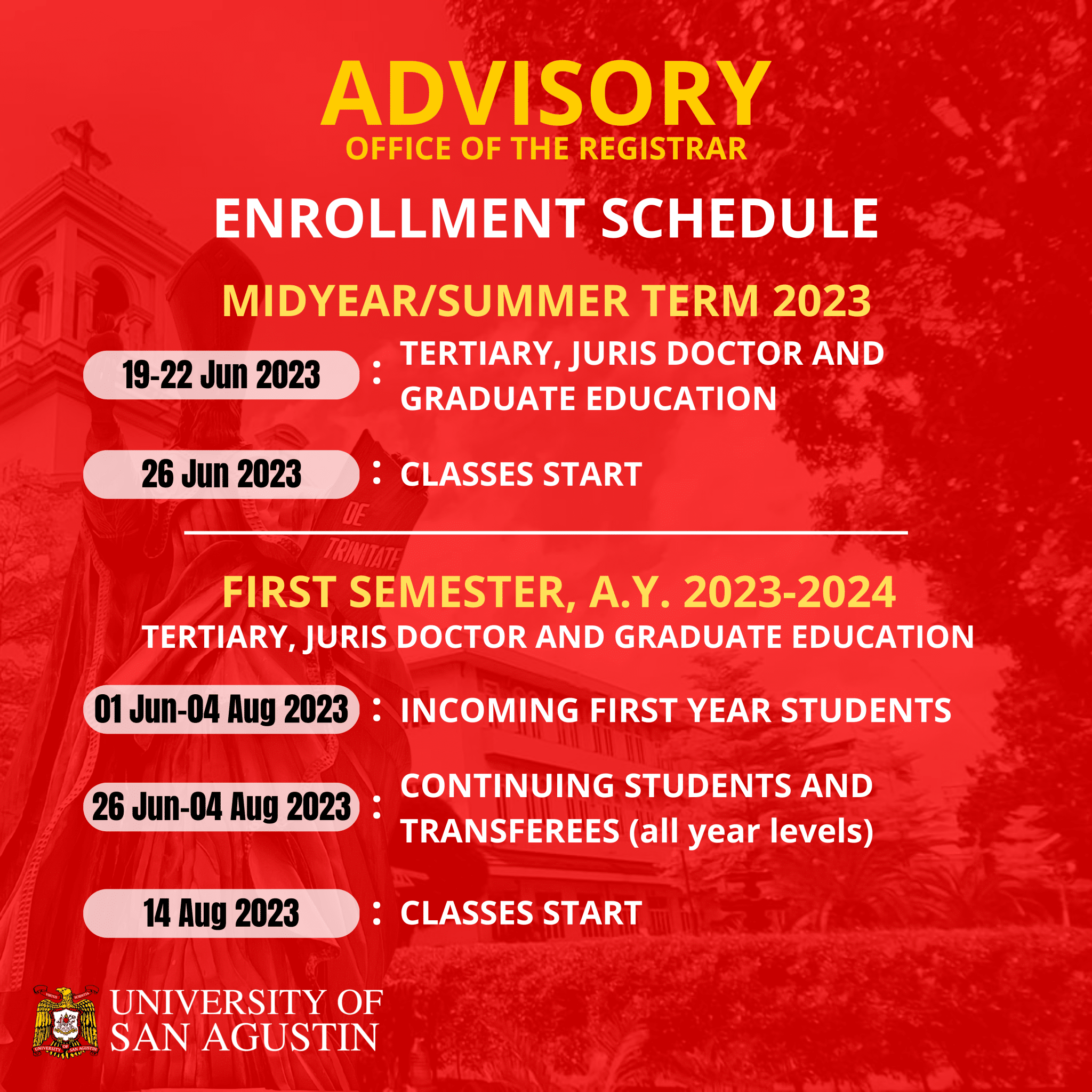 Advisory from the Registrar's Office Enrollment Schedule for Midyear