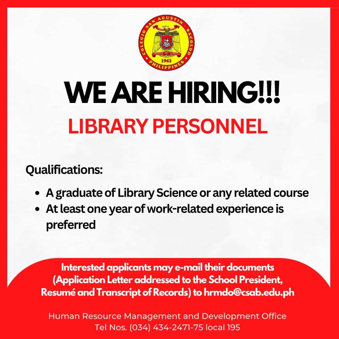 CSAB Is Looking For Librarian Personnel UNIVERSITY OF SAN AGUSTIN   Librarian 