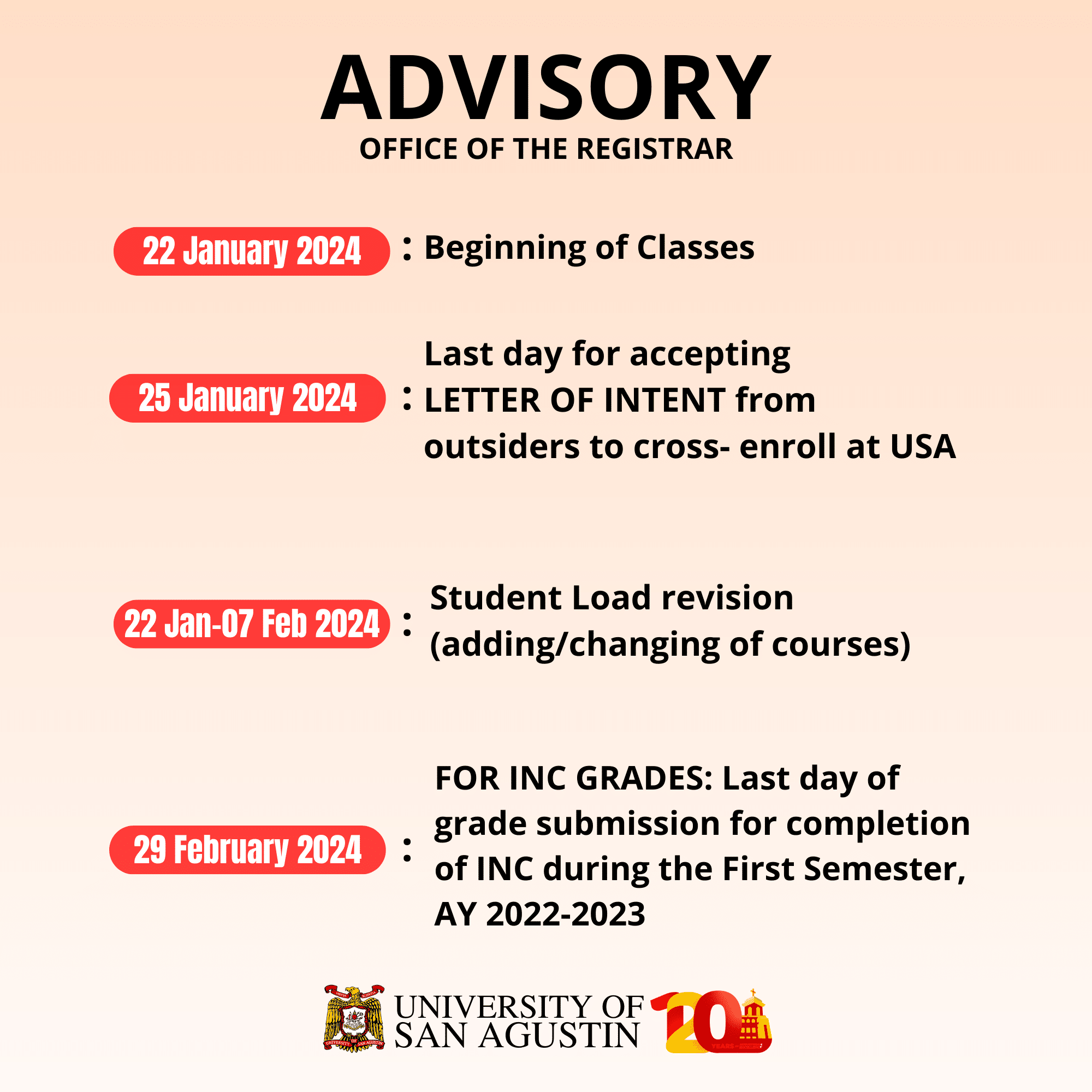 SCHEDULE AND OTHER PERTINENT INFORMATION FOR THE OPENING OF CLASSES   ADVISORY Pertinent Data 